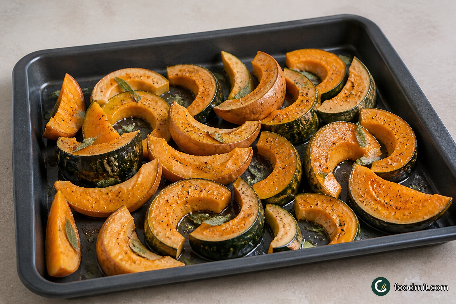 Scrub the squash well and leave the edible skin in place. Carefully halve each squash, scoop out the seeds and cut the flesh into thick crescent-shaped wedges. Transfer them to a large third roasting tray. Add the sage leaves, 2 tablespoons of olive oil, sea salt and a generous amount of black pepper, then toss until coated. Turn the wedges so their cut sides face upward.