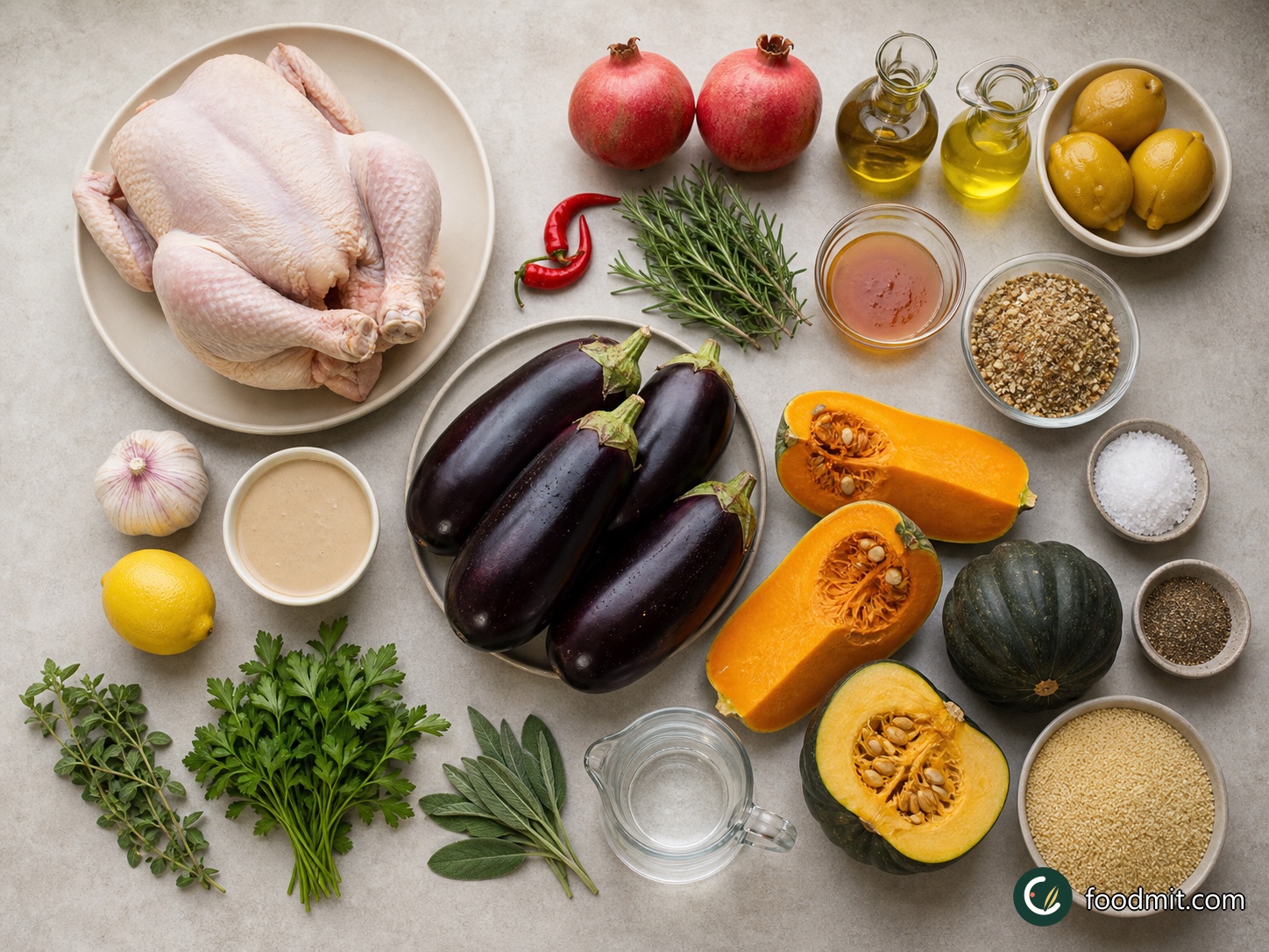 All ingredients for Dukkah roast chicken and smashed aubergine arranged on a table