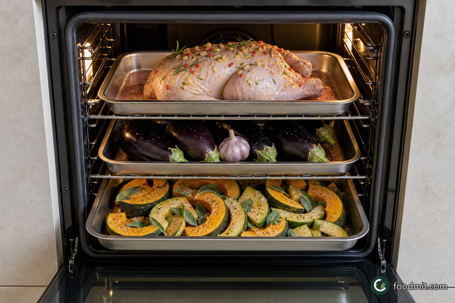 Pour 150 ml of water into the chicken tray, keeping it around the bird rather than washing the seasoning from its skin. Put the chicken, aubergine and squash trays into the hot oven together. Roast for 40 minutes, allowing the chicken juices to collect and the vegetables to begin softening and colouring.