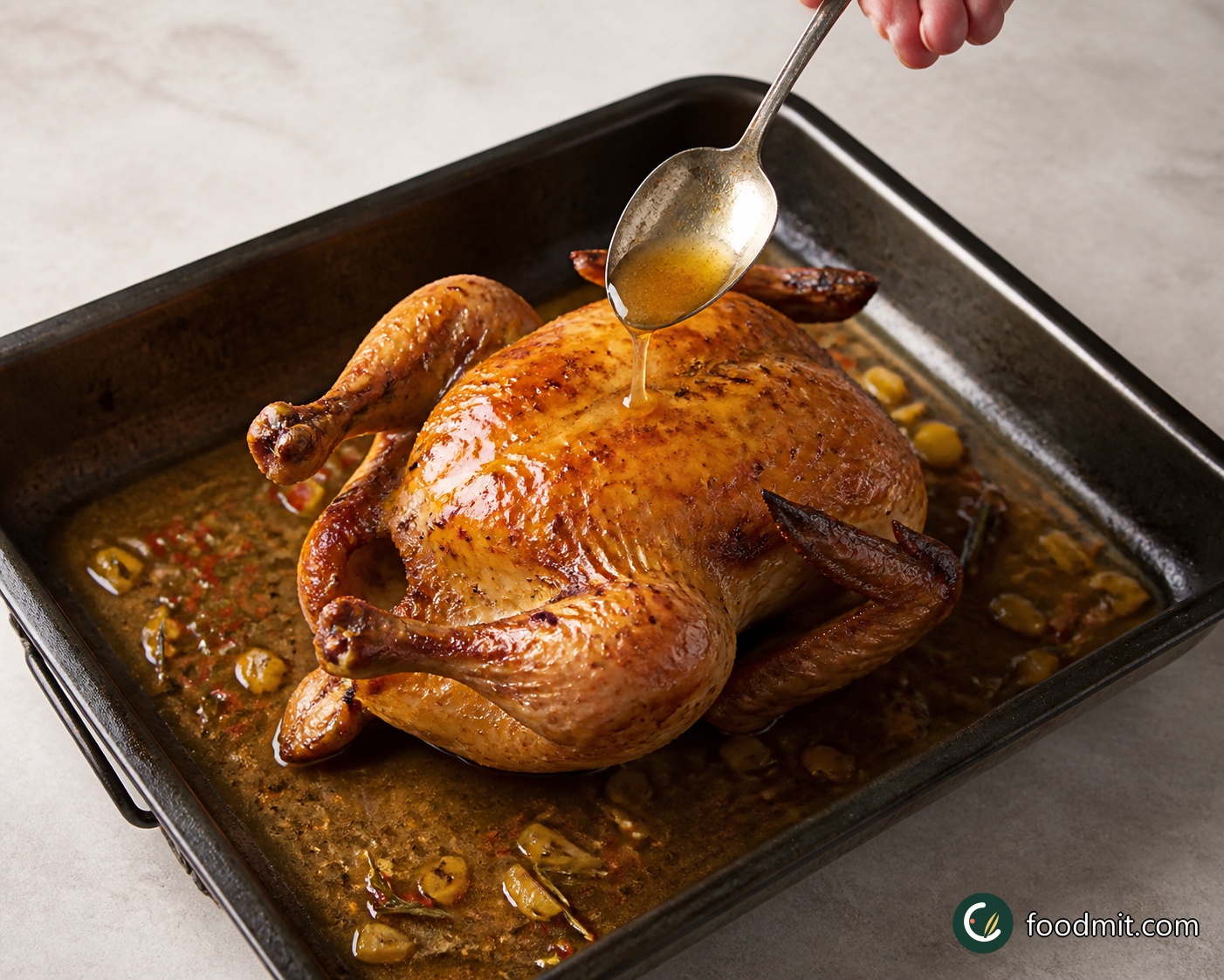 After 40 minutes, spoon the liquid from the bottom of the chicken tray over the bird. Return everything to the oven for another 40 minutes. At the end of the full 1 hour 20 minutes, the chicken should be golden and cooked all the way through, the aubergine skins should be blackened and blistered with collapsed, soft centres, and a knife should slide easily into the tender squash.