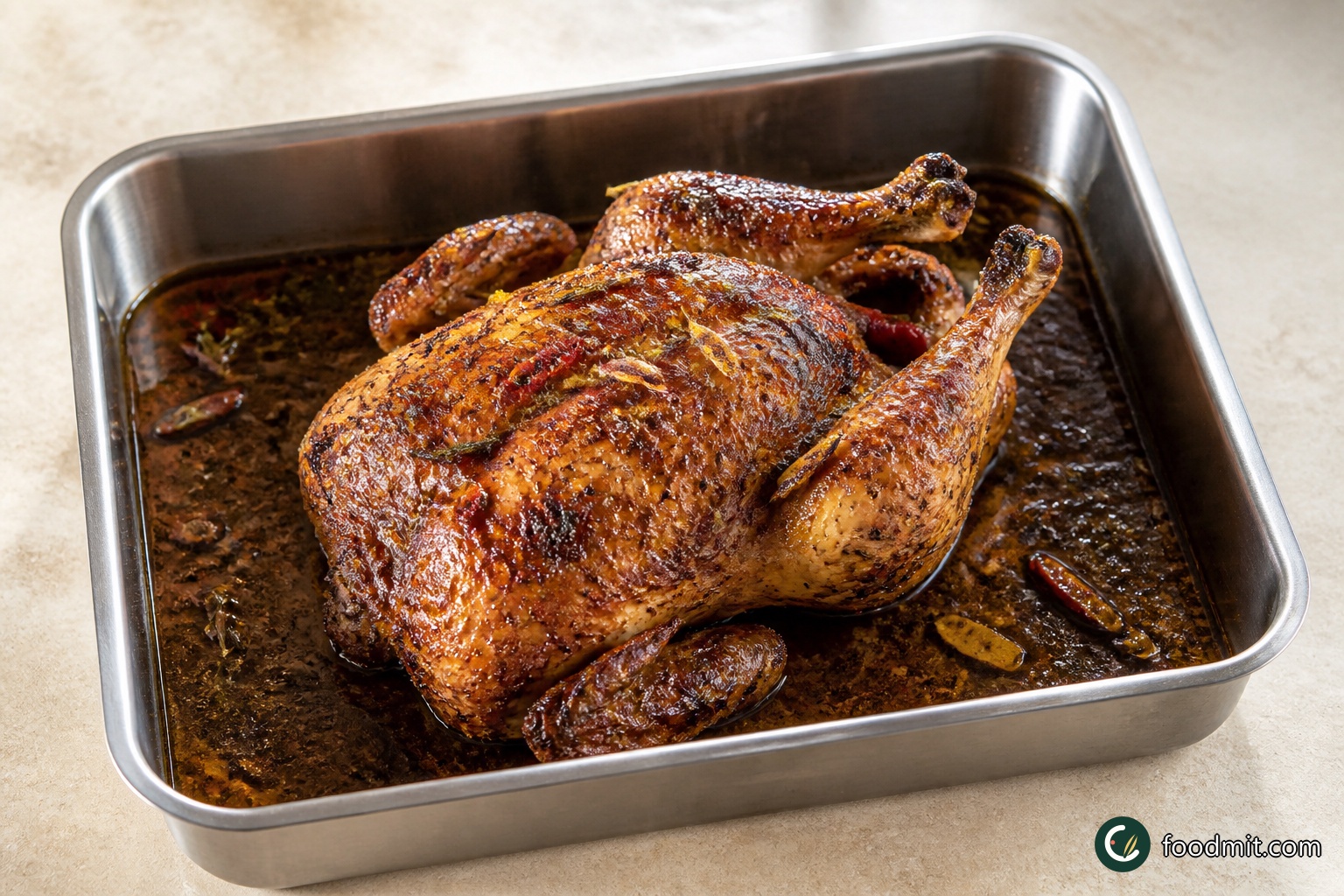 Remove the chicken and both vegetable trays from the oven. Leave the chicken in its roasting tray for a full 30 minutes so the meat can settle while remaining in contact with the aromatic cooking juices. Keep every drop of liquid in the tray, as it will be spooned over the completed platter.