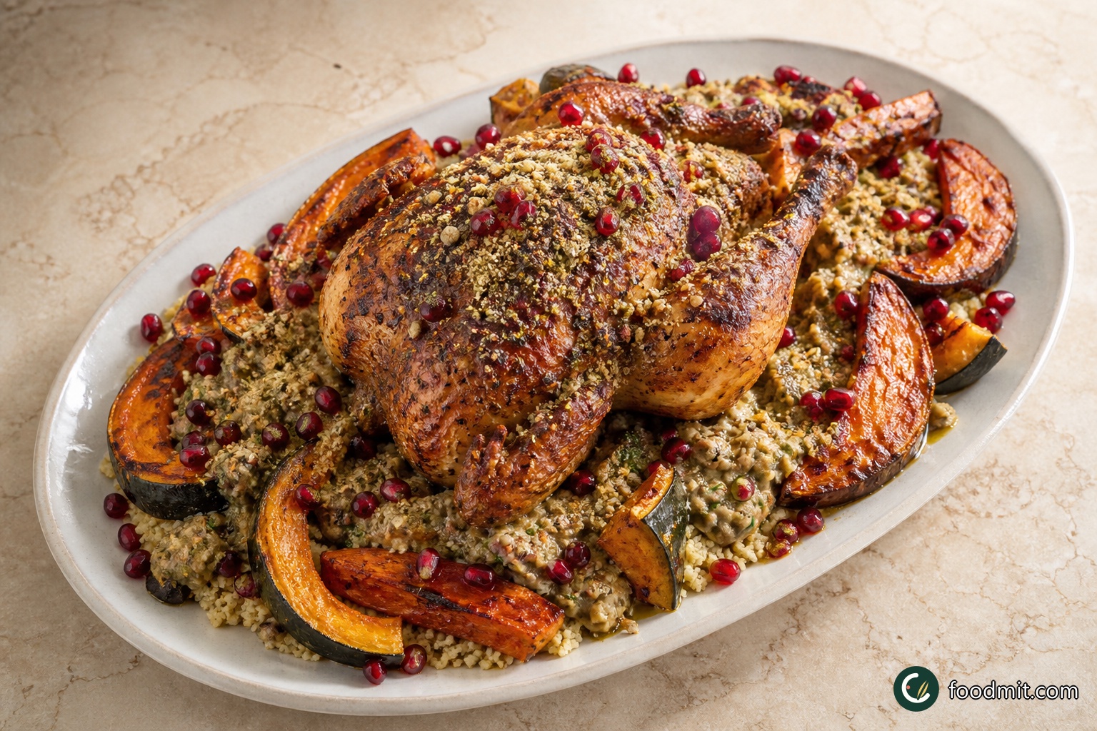 Spread the fluffed couscous over a large platter and spoon the smashed aubergine on top. Set the rested whole chicken over the centre, drizzle its skin with the runny honey and scatter over all the dukkah. Arrange the roasted squash around the outside. Halve the second pomegranate, knock the seeds from one half over the chicken and reserve the unused half. Finish by spooning the fragrant juices from the chicken tray over and around the platter.