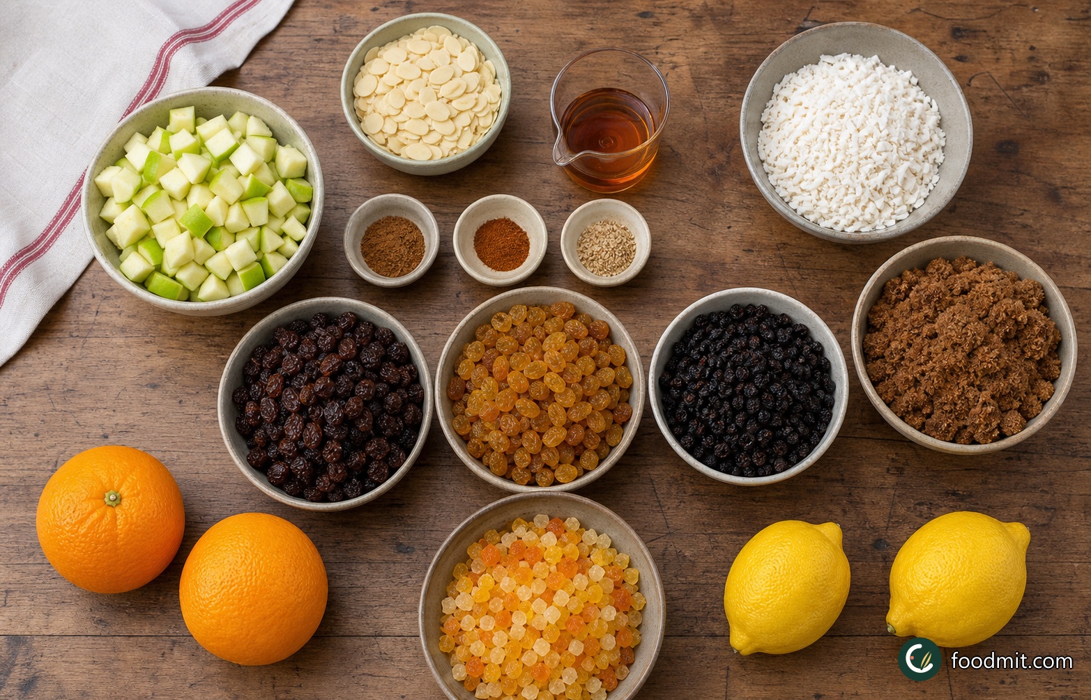 All ingredients for Home-made Christmas Mincemeat arranged on a table