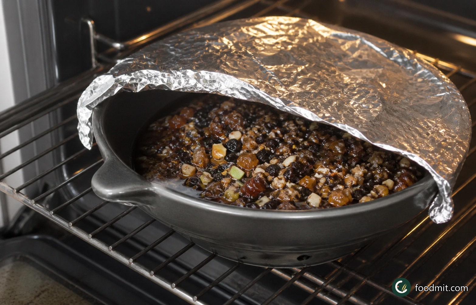Preheat a conventional oven to 120°C, gas mark 1/4; for a fan oven, use about 100°C. Loosely cover the bowl with foil and bake for 3 hours. The low heat should gradually melt the suet without aggressively cooking the fruit. When the bowl comes out, the mixture will be very loose and glossy, with a conspicuous pool of melted fat around the fruit. That appearance is correct, so do not drain anything away.