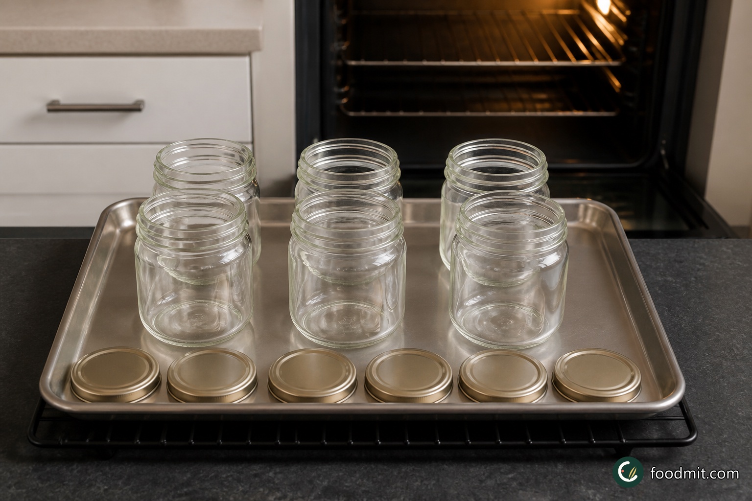 Wash six 350 ml preserving jars and their lids in warm, soapy water, rinse them well and dry them thoroughly with a clean tea towel. Set the jars and lids on a baking tray and heat them for 5 minutes in an oven at 180°C, gas mark 4. Handle the hot glass carefully and place it on a heatproof surface while it cools. Have six clean waxed discs ready for sealing.