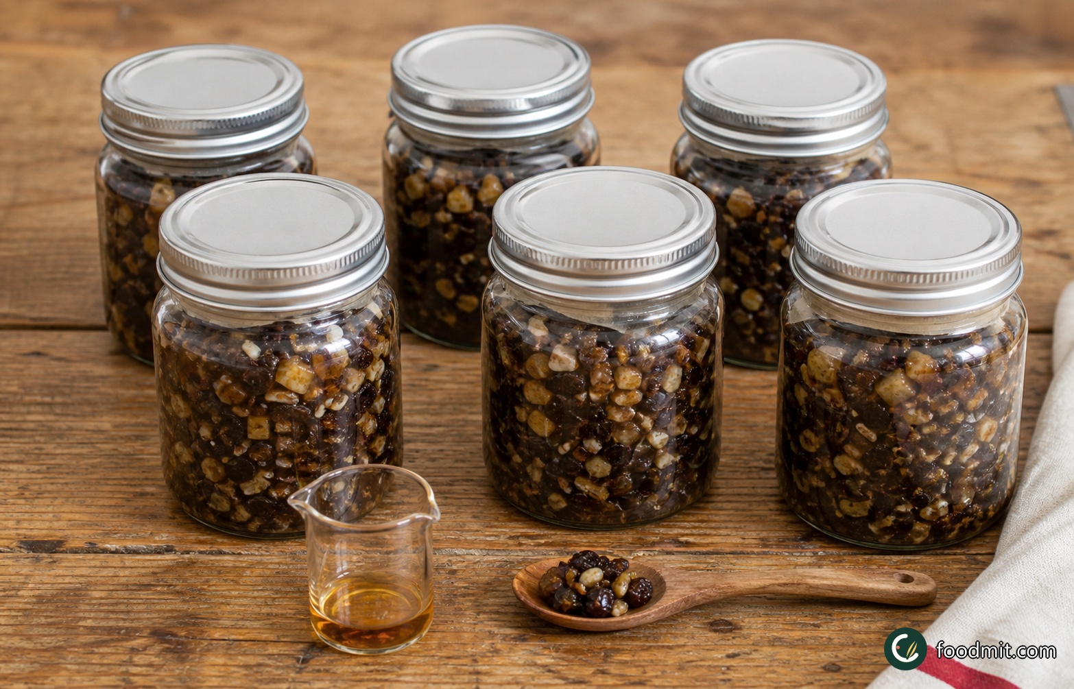 Once the mincemeat is fully cold, pour in the brandy and stir patiently until it is evenly worked through the whole bowl. Divide the mixture among the six sterilized 350 ml jars, distributing the fruit and juices evenly. Place a waxed disc over the surface of each filled jar and close the lids securely. Label the jars and store them in a cool, dark cupboard; although the preserve keeps very well, its quality is at its best when used within a year.