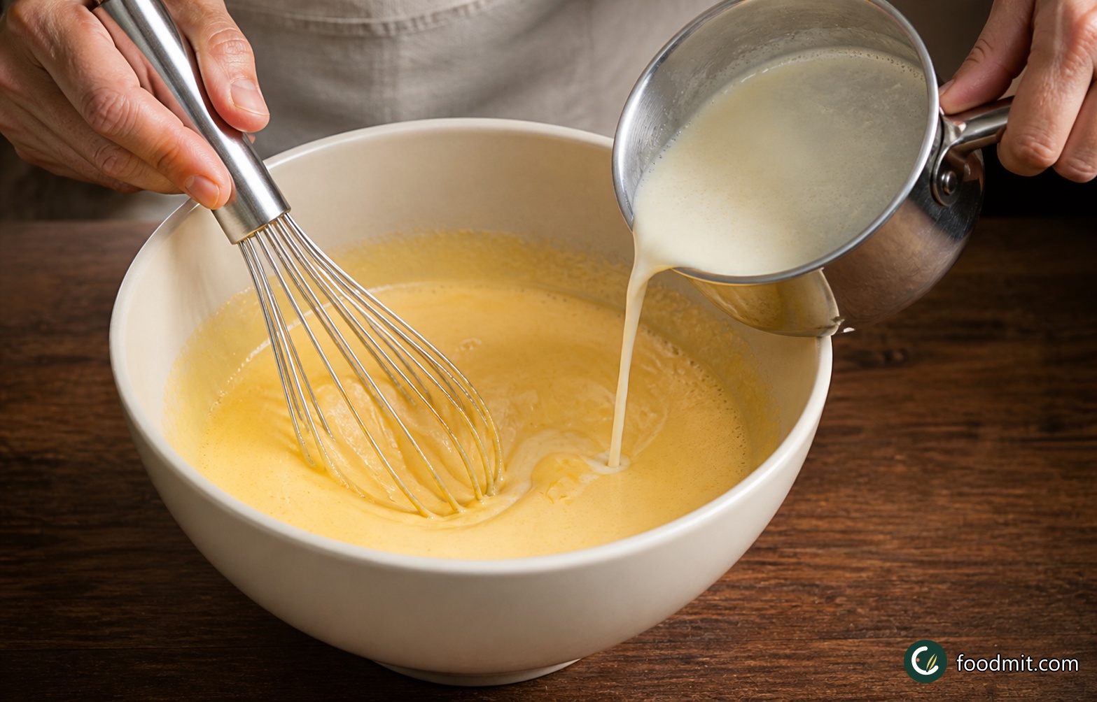 Pour the hot cream and coconut mixture onto the yolks and sugar in a steady stream, whisking continuously as you pour. Continue whisking until the mixture thickens to the consistency of a light, pourable egg custard; it should feel slightly fuller on the whisk but should not become stiff.
