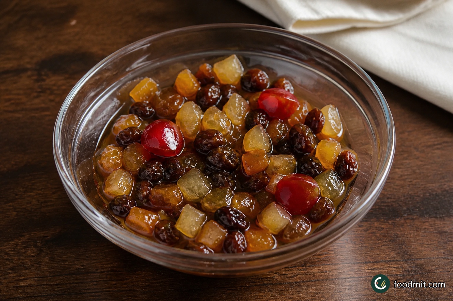 Cut the candied peel into small chunks and quarter the cherries. Put them in a bowl with the raisins, pour over all 6 tablespoons of dark rum, and turn the fruit so every piece is coated. Cover and leave overnight; by the next day the fruit should look plump and glossy, with the rum gathered around it ready to go into the ice cream.