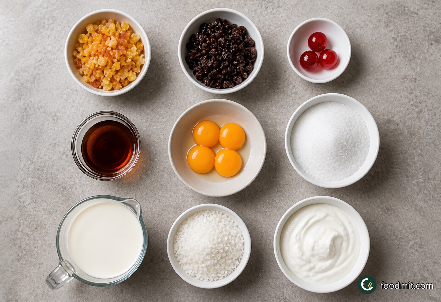 All ingredients for Iced Christmas Pudding with Glace Fruits arranged on a table