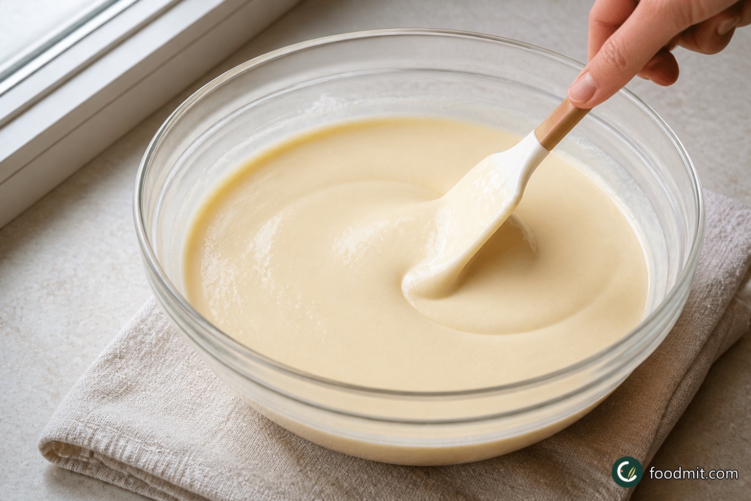 Let the custard cool slightly, then stir in the Greek yoghurt until no white streaks remain. Leave the mixture until it is completely cold before adding the fruit. This cooling stage matters because the fruit and its rum should go into a cold ice-cream base, not a warm custard.